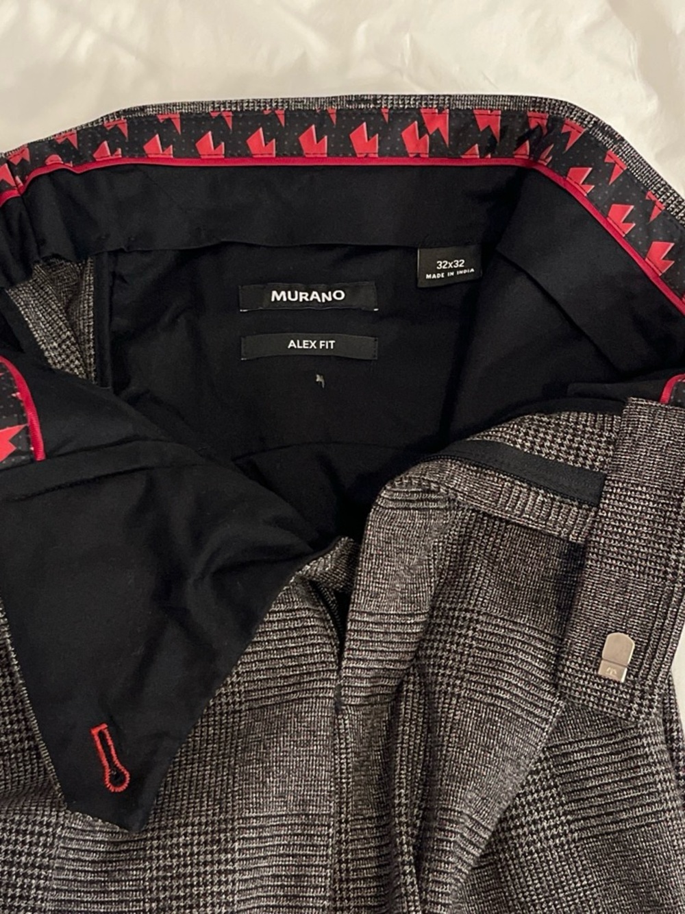 Murano Alex Fit Mens Glen Plaid dress pants, Black & Gray, Red Accents worn once